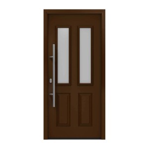 EcoStar Haustür Isopro IP 410S, terrabraun mit zwei satinierten Glaseinsätzen und Edelstahlgriff.