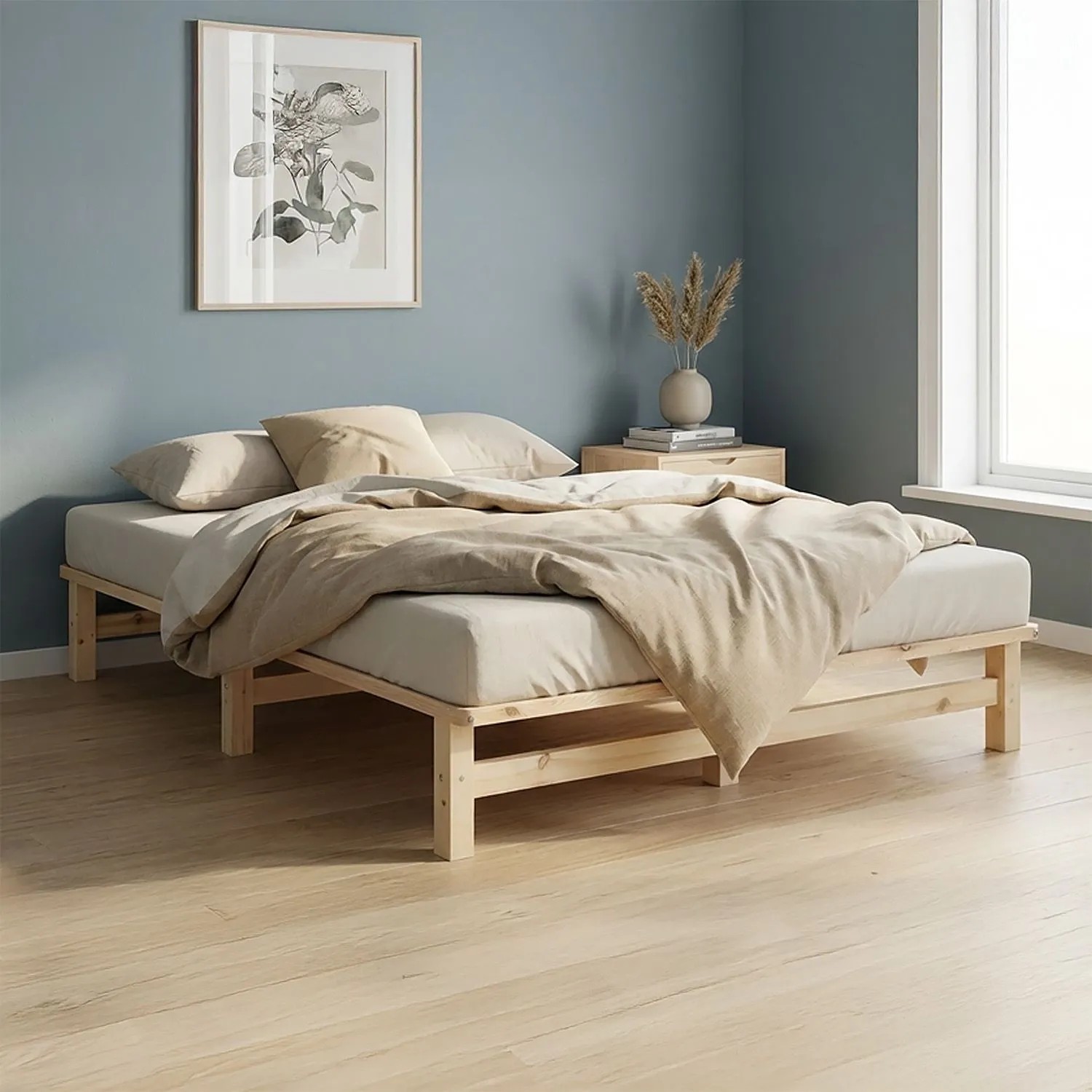 Homestyle4u Palettenbett 140x200 cm aus hellem Kiefernholz mit Lattenrost. Modernes Doppelbett im Schlafzimmer.