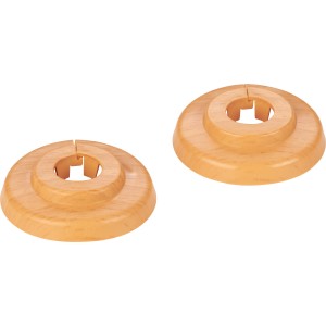 Zwei Klapprosetten Ø 12 mm in Eicheoptik zum Abdecken von Rohrdurchführungen.