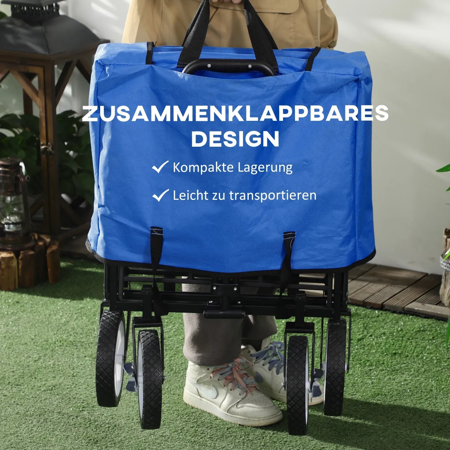Blauer Outsunny Bollerwagen, faltbar, mit 360-Grad-Rädern, ideal für Camping.