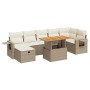Beige 5-tlg. Garten-Sofagarnitur aus Rattan mit Kissen und Akazientisch.