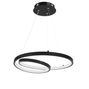 Schwarze LED-Pendelleuchte aus Aluminium mit zwei geschwungenen Ringen, dimmbar. Modernes Design für Esstisch & Wohnzimmer.