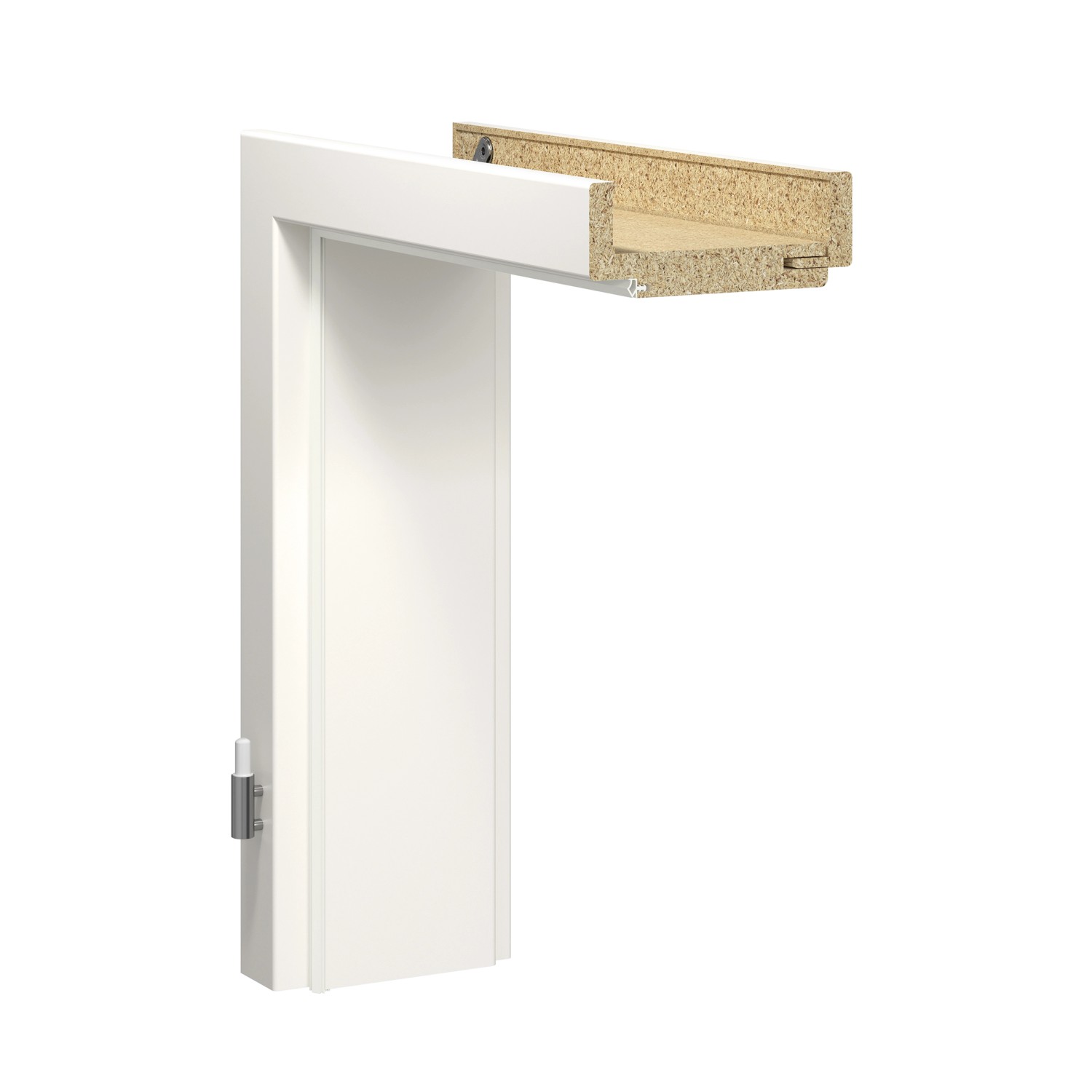 Weiße Türzarge (RAL 9010) mit eckiger Kante, geeignet für links- und rechtsseitigen Anschlag.