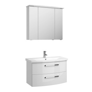 Pelipal Badmöbel-Set Serie 4010, 84 cm, Weiß Hochglanz, 3-teilig mit Waschbecken, Unterschrank und Spiegelschrank.