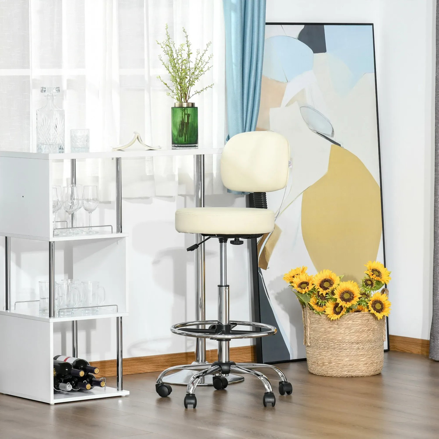 Beiger HOMCOM Barhocker aus Kunstleder und Stahl, höhenverstellbar und beweglich.