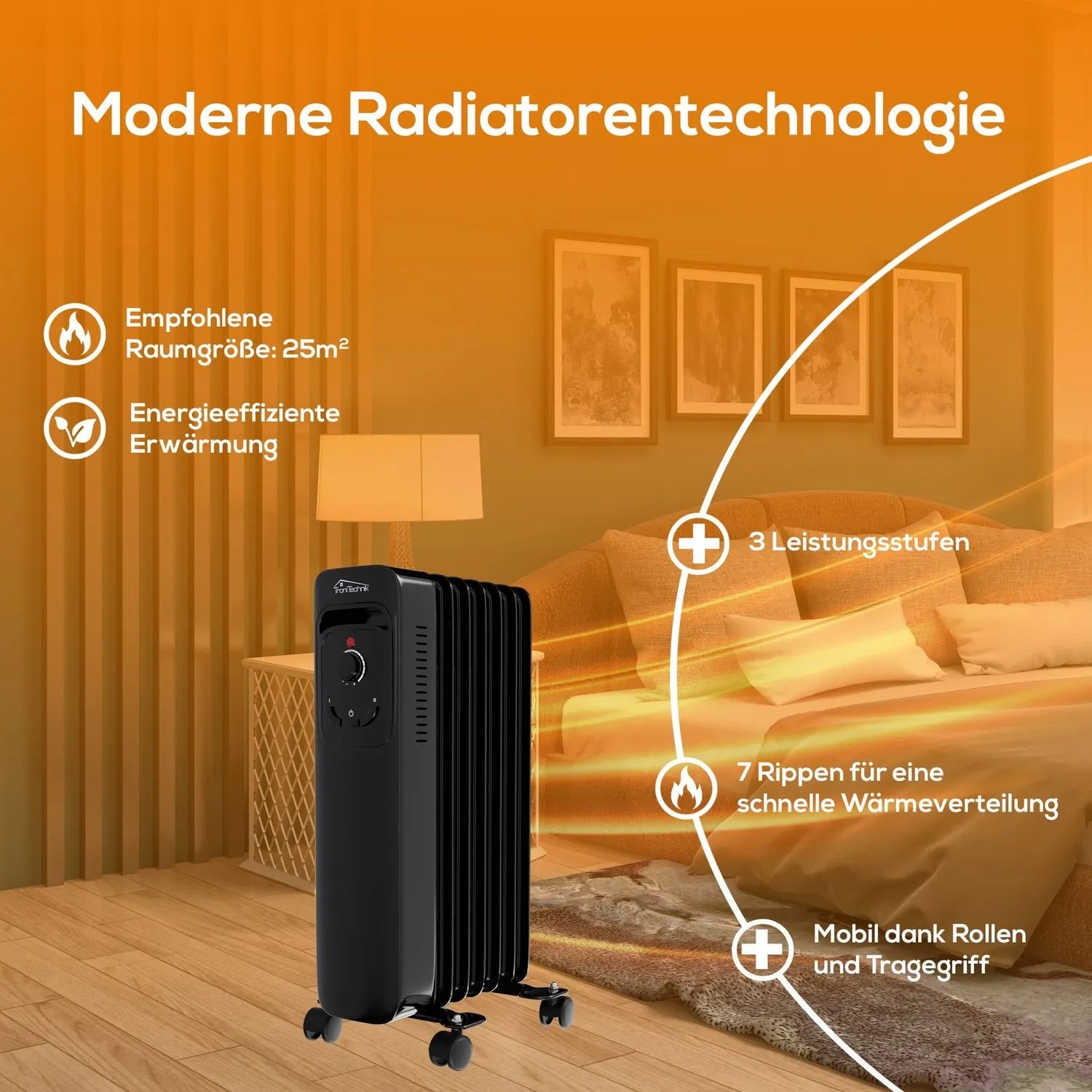 Schwarzer TroniTechnik Ölradiator TT OR 207 mit 7 Rippen und drei Heizstufen im Wohnraum.