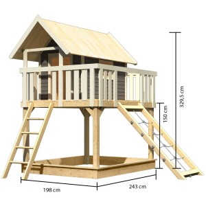 Karibu Stelzenhaus Fidel mit Netzrampe in Terragrau, inkl. Leiter und Sandkasten.