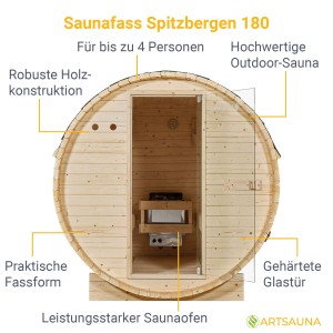 Artsauna Fasssauna Spitzbergen 180 cm: Outdoor Sauna aus Fichtenholz mit Saunaofen und Glastür.