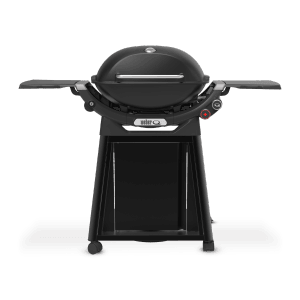Schwarzer Weber Gasgrill Q3200N+ mit Rollwagen und Aluguss-Gehäuse.