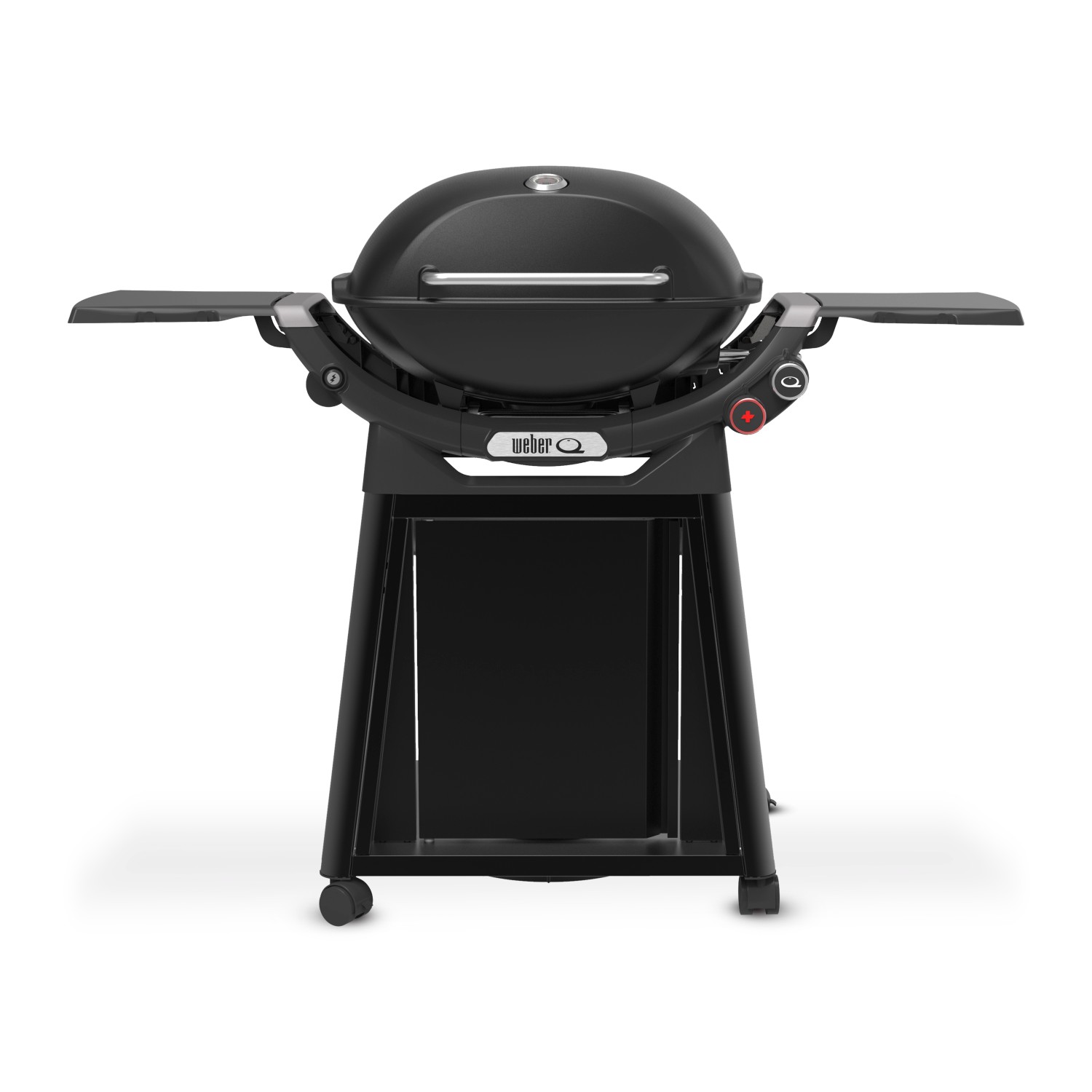 Schwarzer Weber Gasgrill Q3200N+ mit Rollwagen und Aluguss-Gehäuse.
