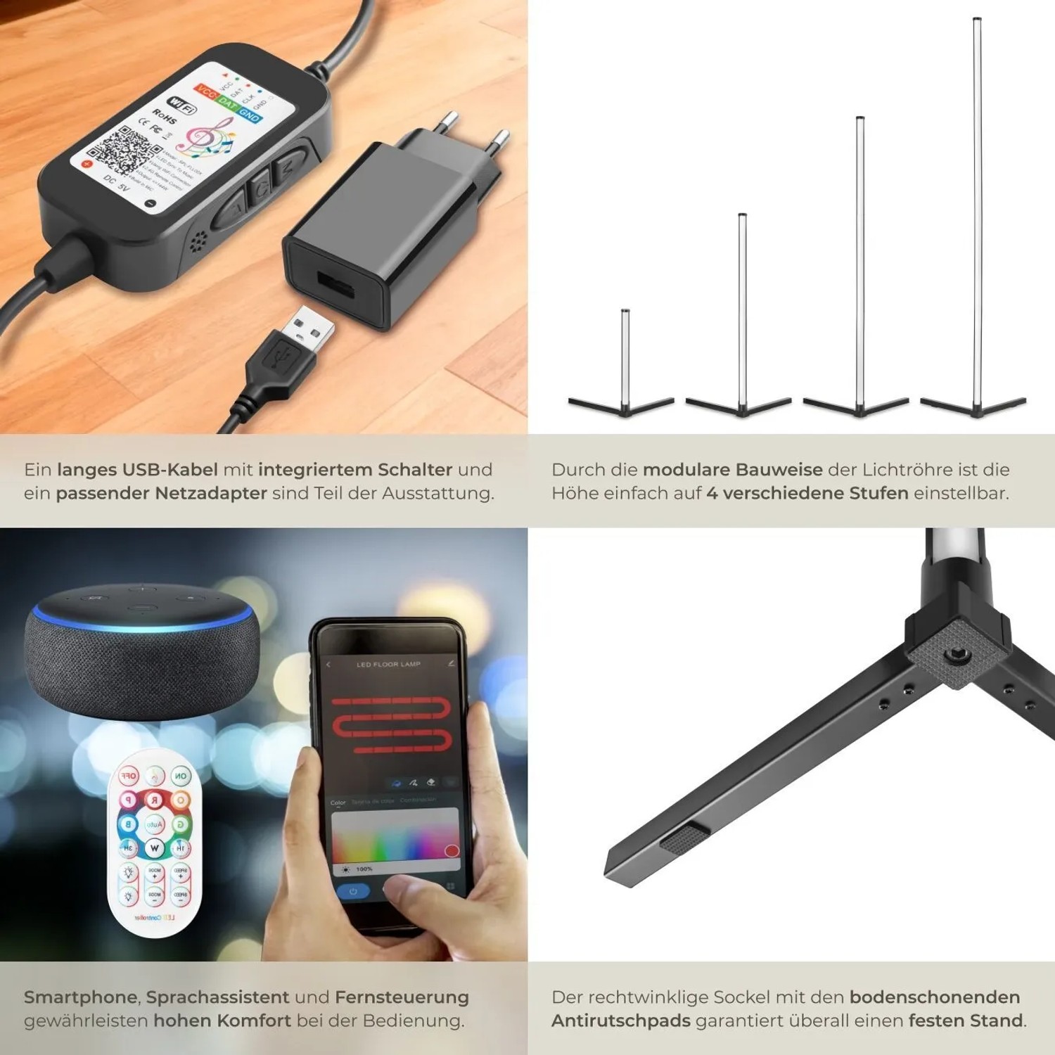 Tectake LED Stehlampe Spectra mit Zubehör und verschiedenen Aufbauhöhen.