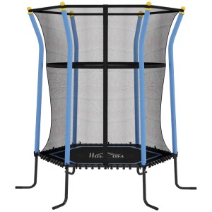 HOMCOM Kindertrampolin mit blauem Stahlrahmen, schwarzem Sicherheitsnetz und Randabdeckung für drinnen & draußen.