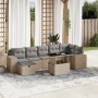 Beige 8-tlg. Garten-Sofagarnitur aus Rattan mit hellgrauen Kissen und höhenverstellbarem Tisch.