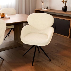 Cremefarbener Juskys Drehstuhl Albano mit Bouclé-Bezug und schwarzem Metallfuß.