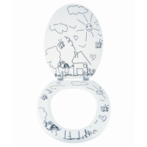 Weißer WC-Sitz Kindergarten von MSV mit Kinderzeichnungen, MDF, 42,5x36,5x5cm.