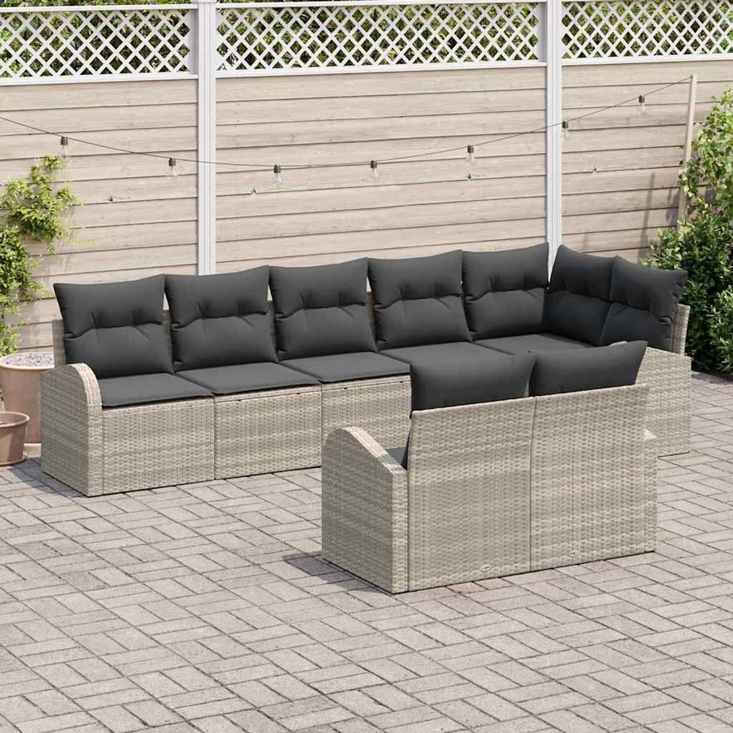 Hellgraues 8-teiliges Garten-Sofa-Set aus Polyrattan mit grauen Kissen von vidaXL.