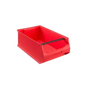 Rote PROREGAL Sichtlagerbox (21,8L) mit Griffstange, ideal für Aufbewahrungssysteme in Werkstatt und Lager.