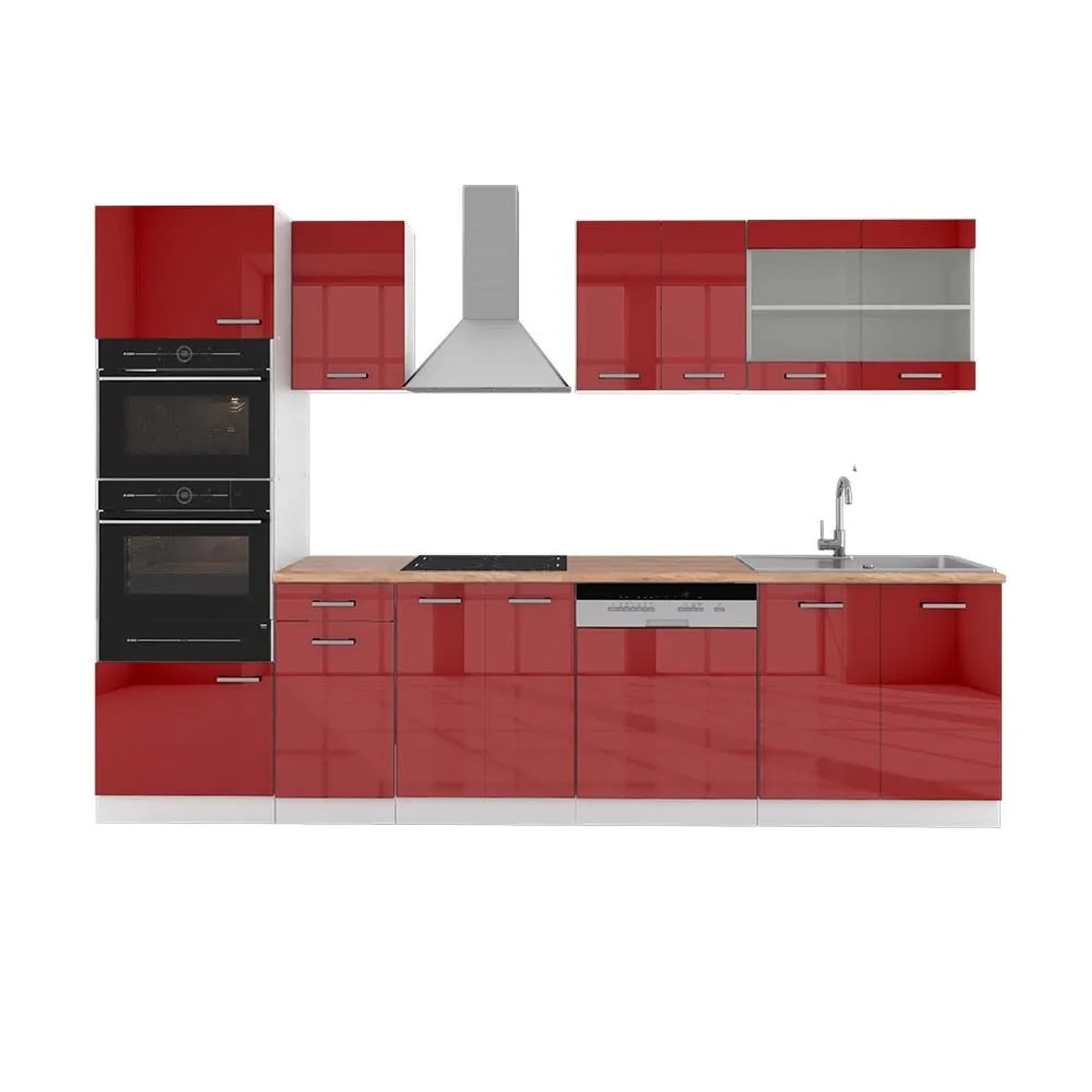 Vicco R-Line Küchenzeile Bordeaux Hochglanz Weiß 300 cm mit HochschrankAP Eiche ohne E-Geräte