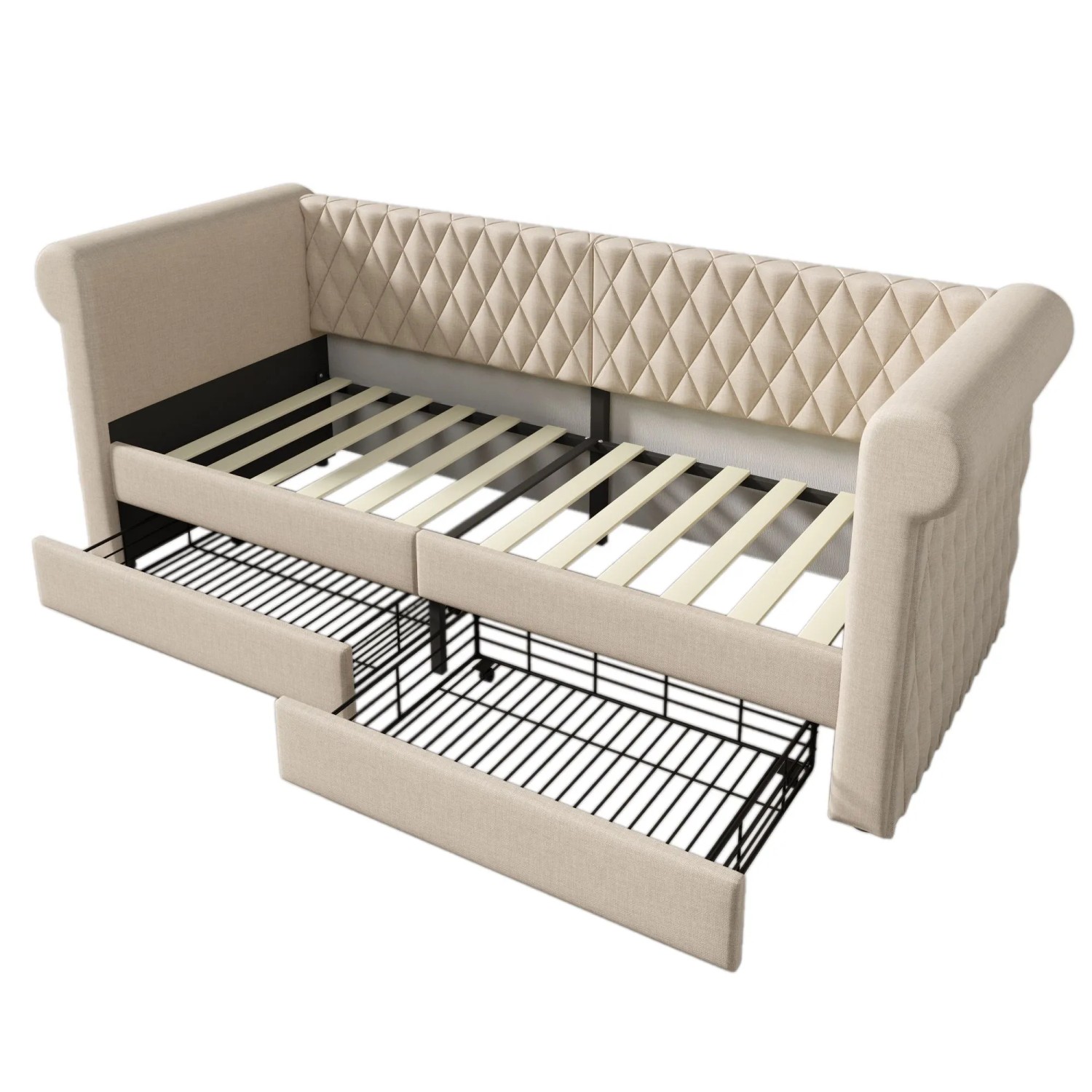 KOMHTOM Polsterbett Sofabett 90x200Cm Schlafsofa Tagesbett Mit 2 Schubladen Lattenrost Kinderbett Jugendbett Beige Ohne Matratze