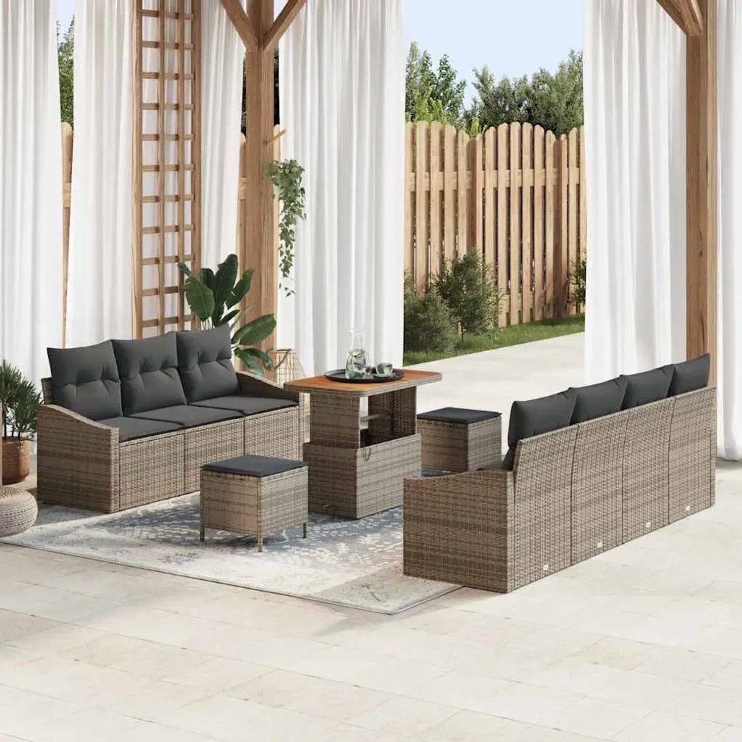 Graues 10-teiliges vidaXL Garten-Sofa-Set aus Poly Rattan mit Kissen für Terrasse und Garten.