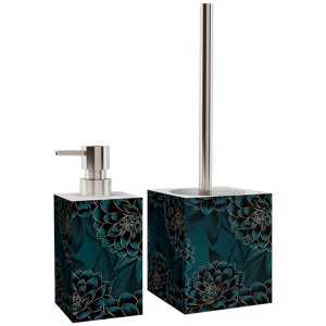 SANILO Bad-Set Dahlien: Seifenspender und WC-Bürste mit floralem Muster in Petrol und Gold.