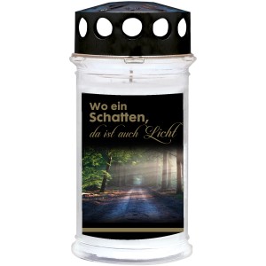Grablicht Ambrosius Motivkerze Schatten, 5-Tage-Kerze mit Waldweg-Motiv und Spruch.