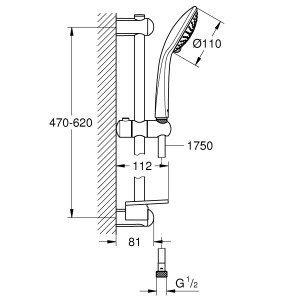 Technische Zeichnung Grohe Brausestangenset 60 cm Euphoria 110 Champagne, 3 Strahlarten, Chrom.