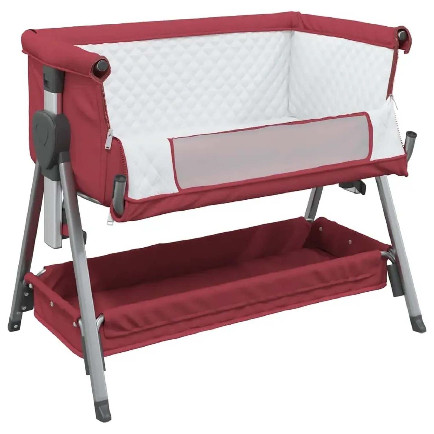 Rotes Babybett mit weißer Matratze, Leinenstoff, Netzfenster und Stauraum. Höhenverstellbares Beistellbett für Babys.