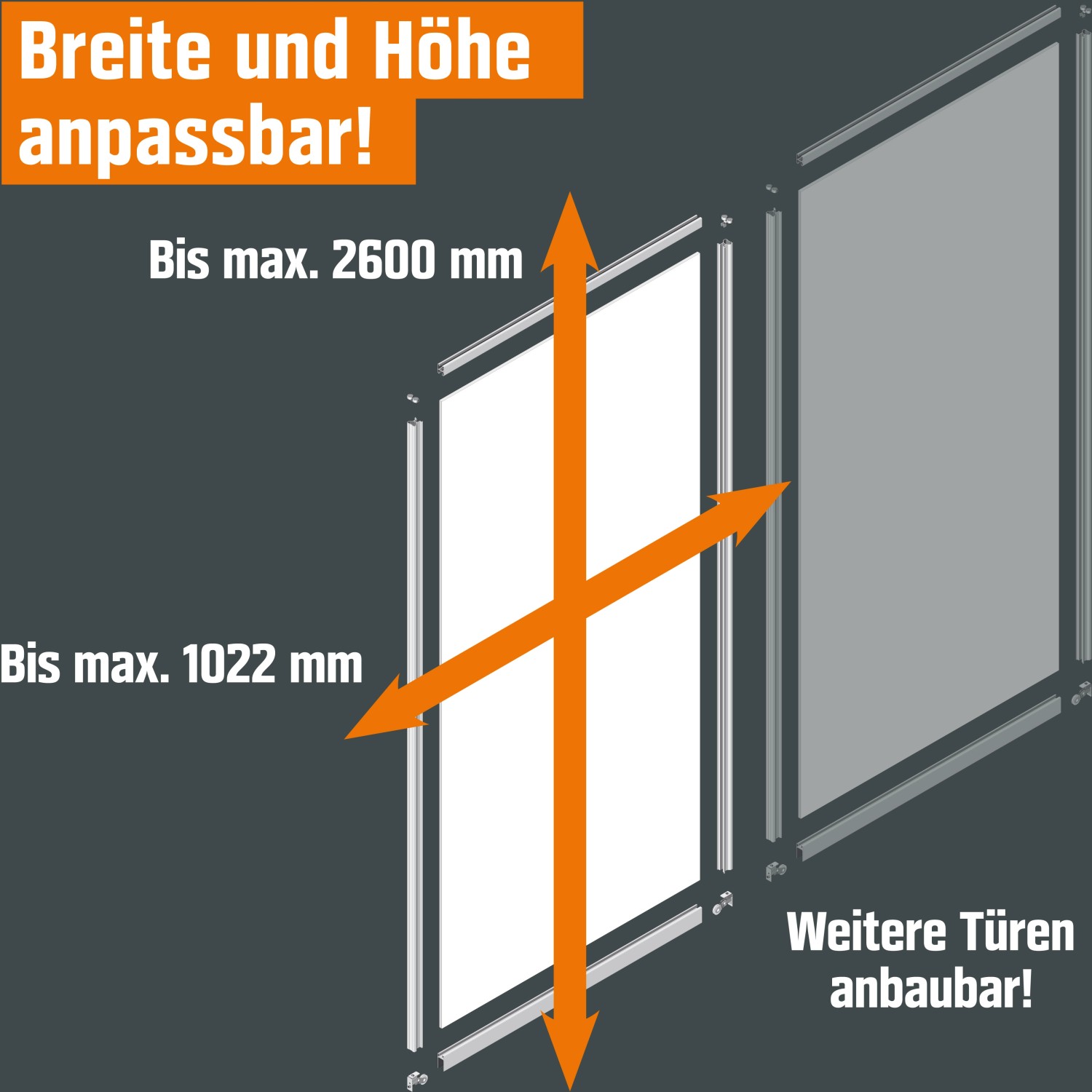 Schiebetür-Baupaket: Anpassbare Breite (bis 1022 mm) und Höhe (bis 2600 mm), erweiterbar mit weiteren Türen.