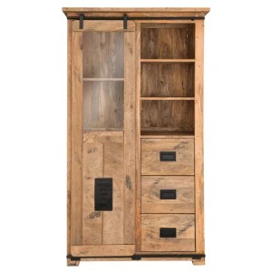 Vitrine Florenz im Vintage-Stil aus Mango-Holz mit Schiebetür, Fächern und Schubladen. Ca. 100x45x175cm.