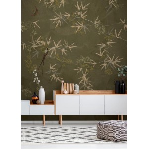 Art for the Home Fototapete Birds: Wandbild mit Vögeln und Pflanzen in Grüntönen.