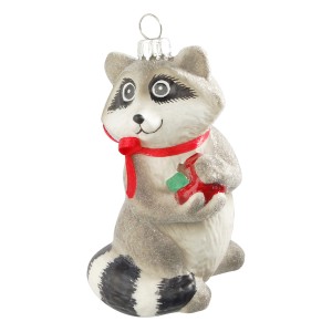 Weihnachtsornament: Waschbär aus Glas mit roter Schleife und Apfel, 10cm, für den Weihnachtsbaum.
