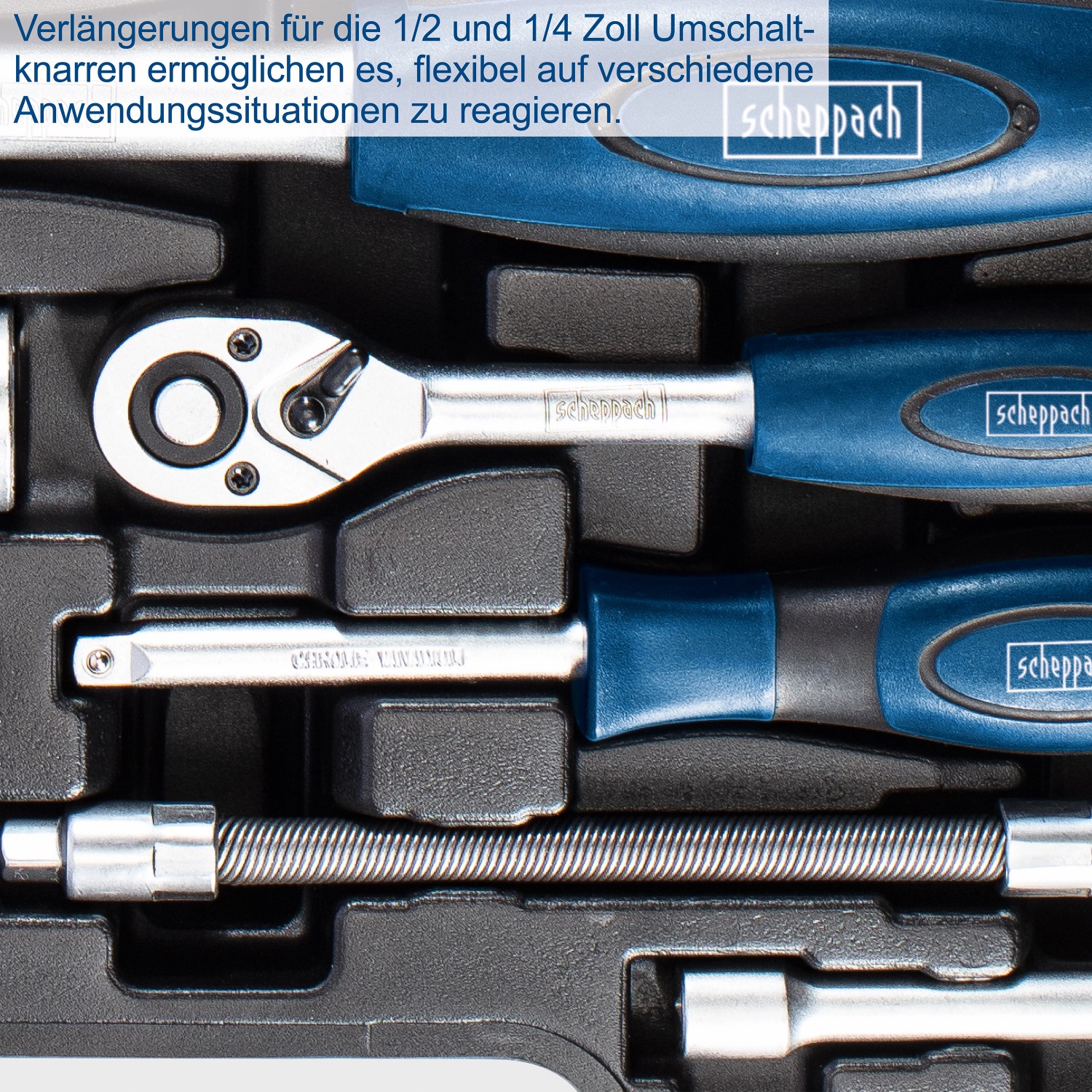 Scheppach Werkzeugkoffer TB94: Umschaltknarre, Verlängerung und Zubehör im Koffer.