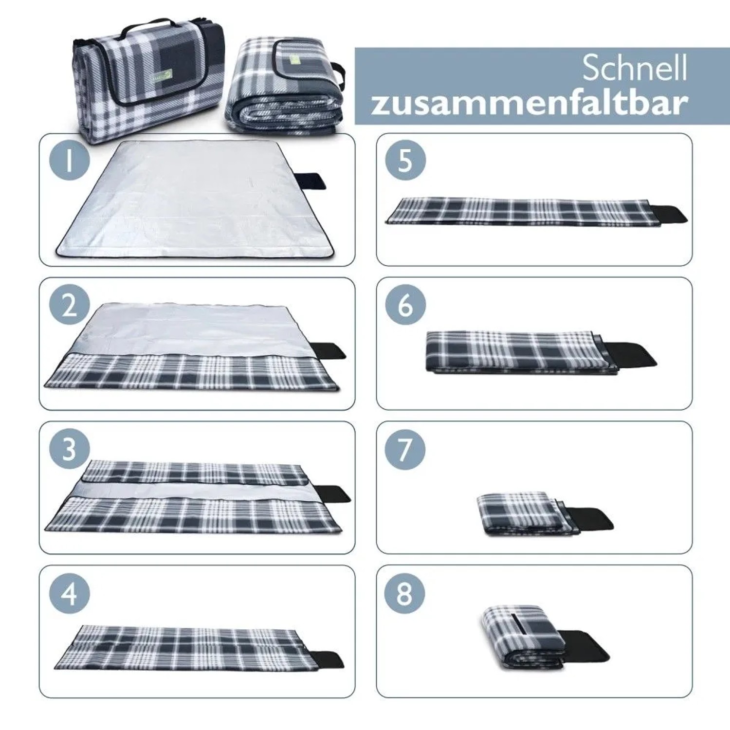 Anthrazit karierte Picknickdecke 200x200cm wird gefaltet, zeigt Tragegriff und Klettverschluss.