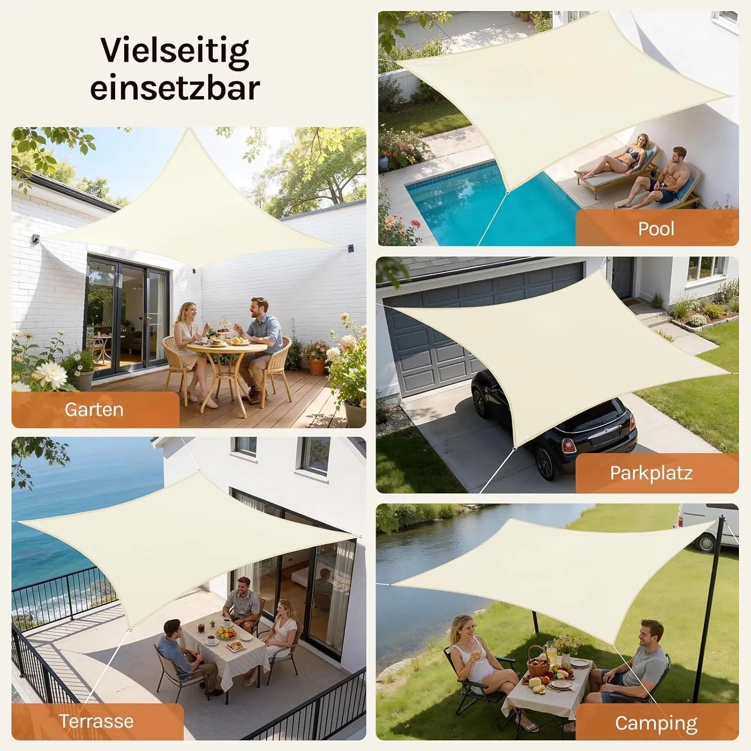 WOLTU Sonnensegel Sonnenschutz HDPE Windschutz UV Schutz Creme 4x4 m_5