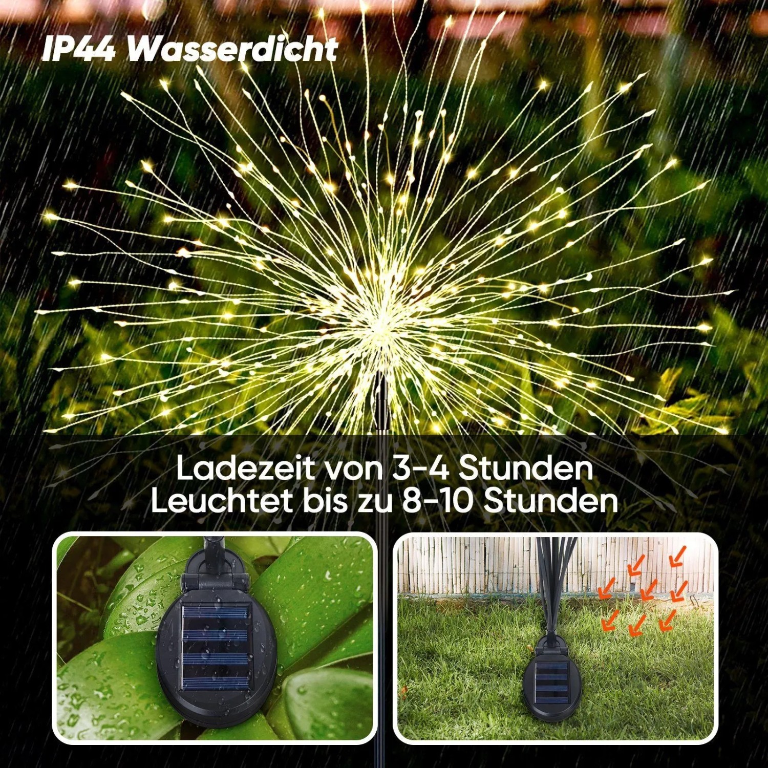 Salcar LED Solar Feuerwerkleuchte, warmweiß leuchtend im Garten, spritzwassergeschützt, mit Solarpanel.