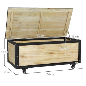 Outsunny Gartenbox 121L mit Rollen, Holz/Stahl, wetterfest, Deckel geöffnet, Maße eingeblendet.