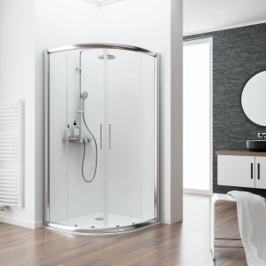 Schulte Runddusche II 100x100x185 cm mit Kristallglas und Aluminiumprofilen im Badezimmer.