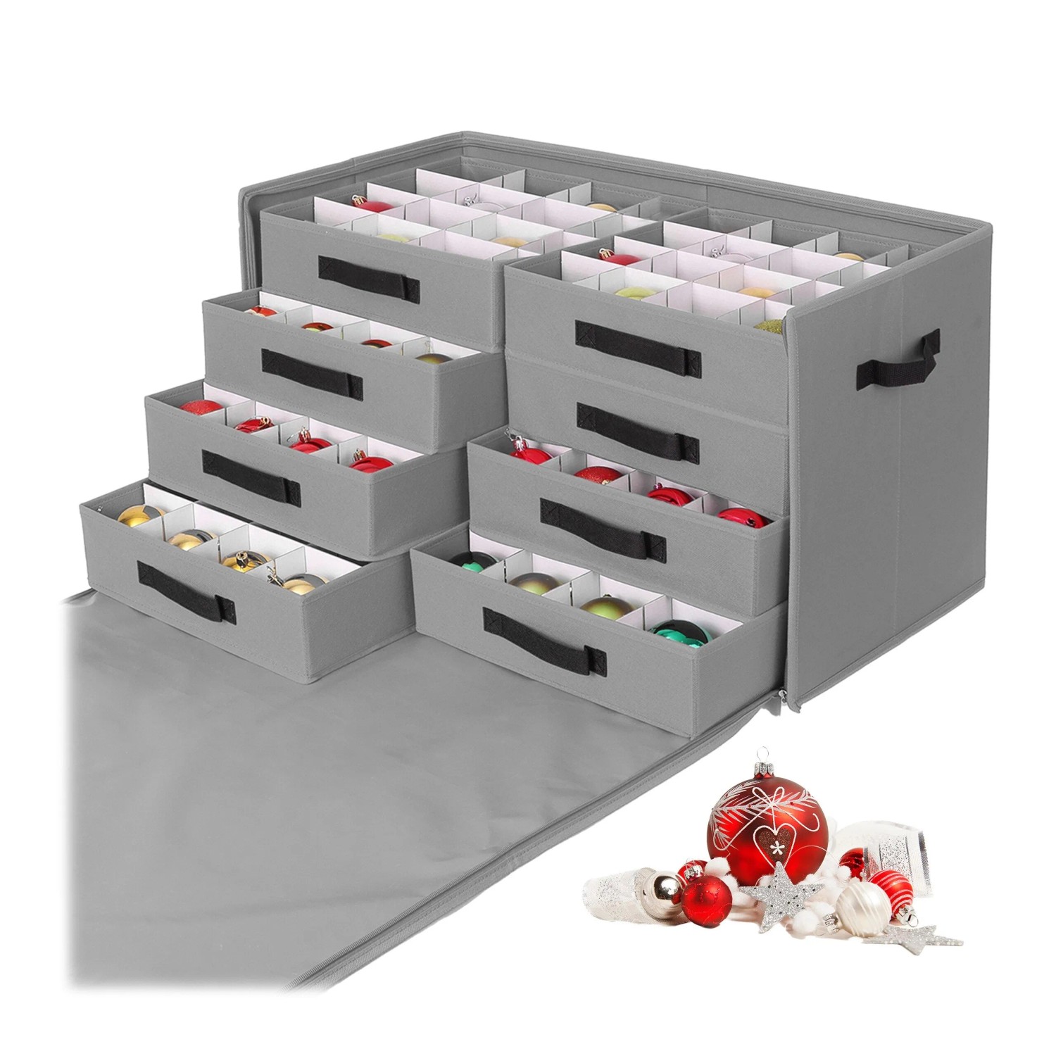 Relaxdays Weihnachtskugel Aufbewahrungsbox Polyester Grau mit Schubladen 40 cm x 36,5 cm x 36,5 cm 2,3 kg