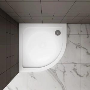 Weiße AICA Viertelkreis Duschtasse 80x80 cm mit Ablaufgarnitur, Kunststein mit Acrylbeschichtung.