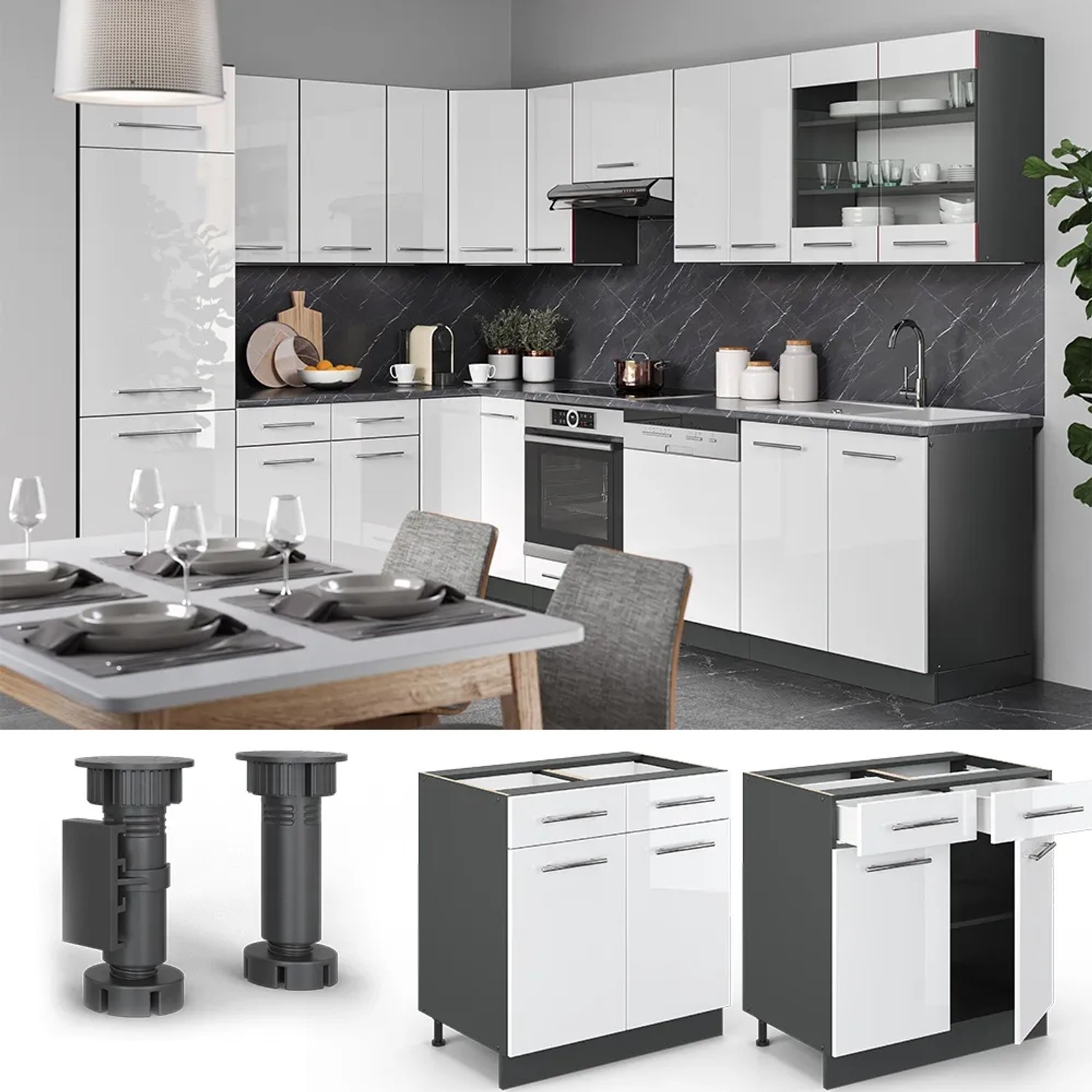 Vicco Küchenunterschrank Fame-Line, weiß hochglanz/anthrazit, 80 cm breit, ohne Arbeitsplatte.