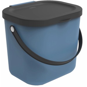 Blauer Rotho Mülleimer Albula 6 l mit schwarzem Deckel und Griff.