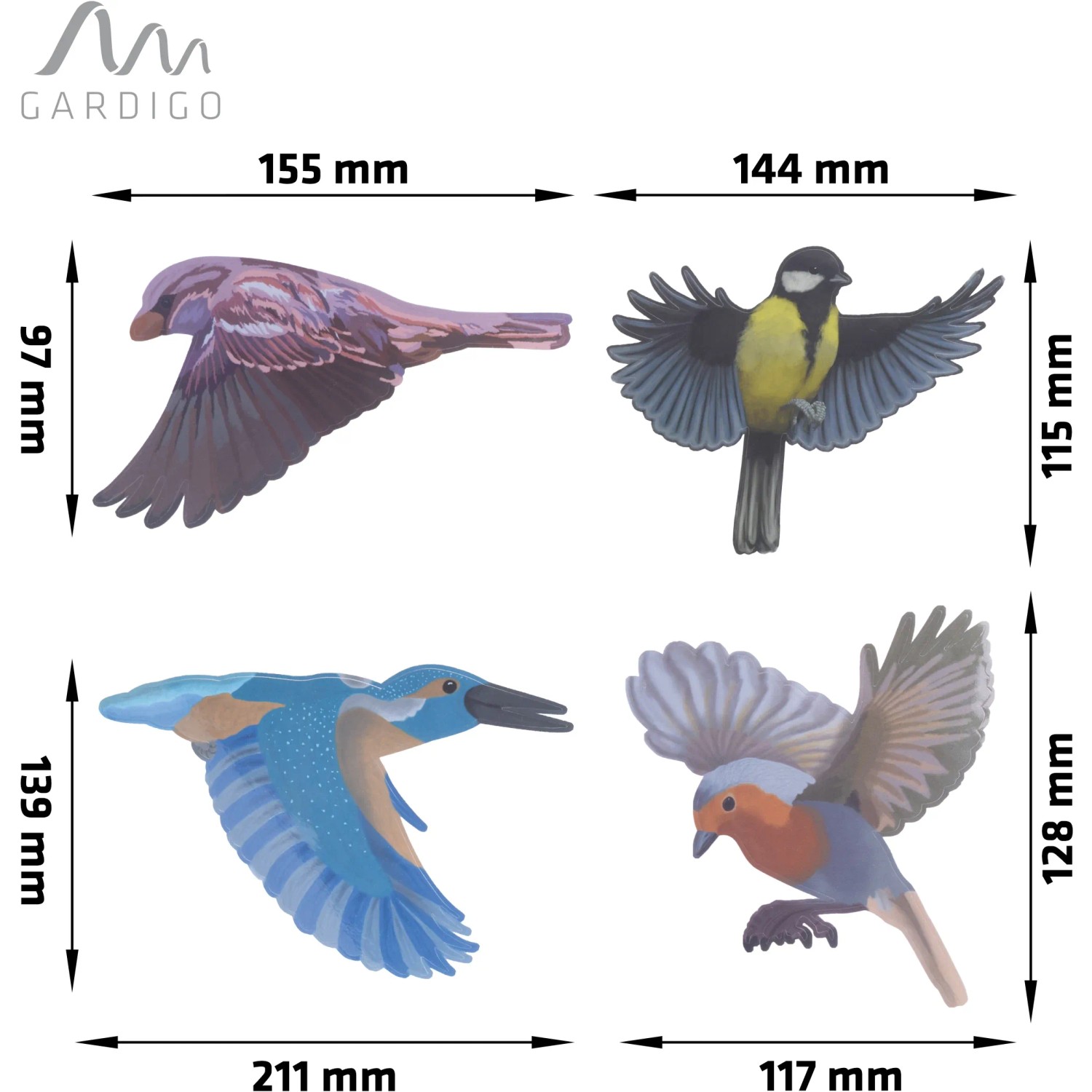 Gardigo Vogel Silhouetten: 5 bunte Aufkleber heimischer Vögel zur Fenster-Vogelabwehr.