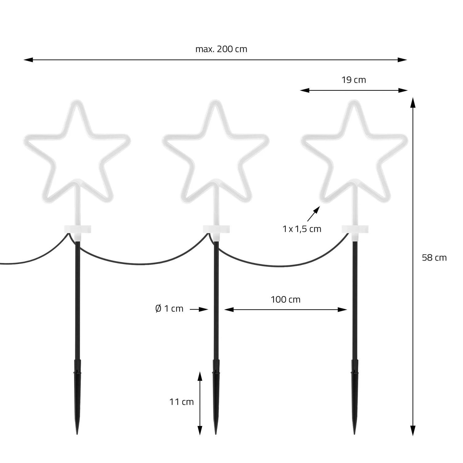 3er Set Gartenstecker Sterne H58cm, Weihnachtsdeko für außen, mit Maßangaben.