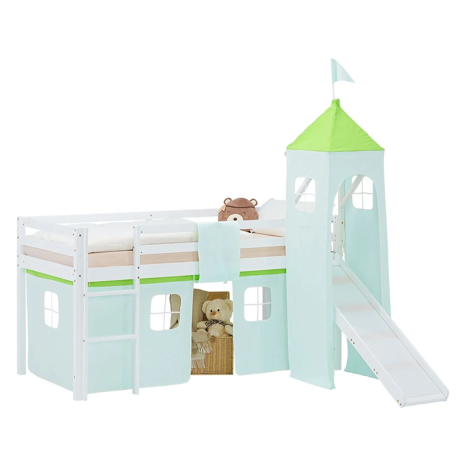 Homestyle4u Kinder Hochbett 90x200 Rutsche Matratze Grün Kinderbett 2981