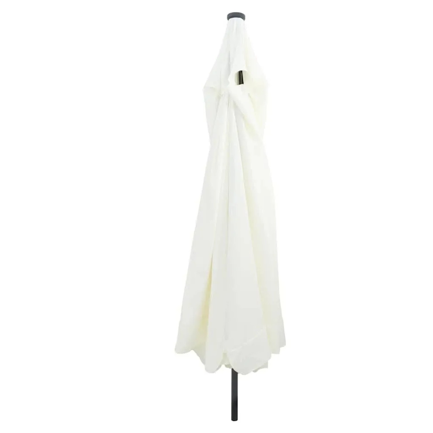 Gefalteter Gartenparasol mit weißem Schirmtuch und schwarzem Gestell. Kompakter Sonnenschirm aus Polyester.
