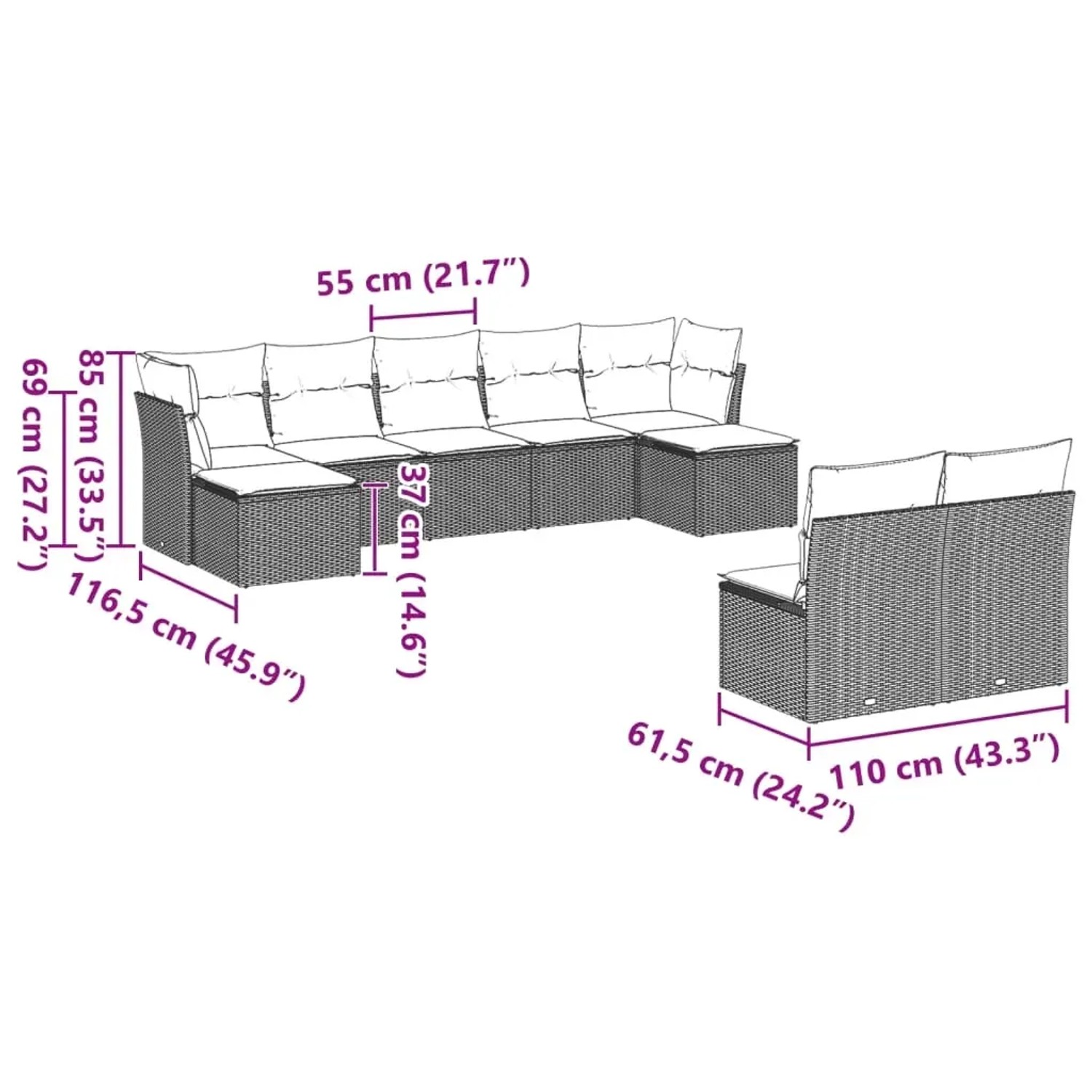 vidaXL 9-tlg. Garten-Sofagarnitur hellgrau mit Kissen, Poly Rattan. Gartenmöbel für Terrasse und Garten.