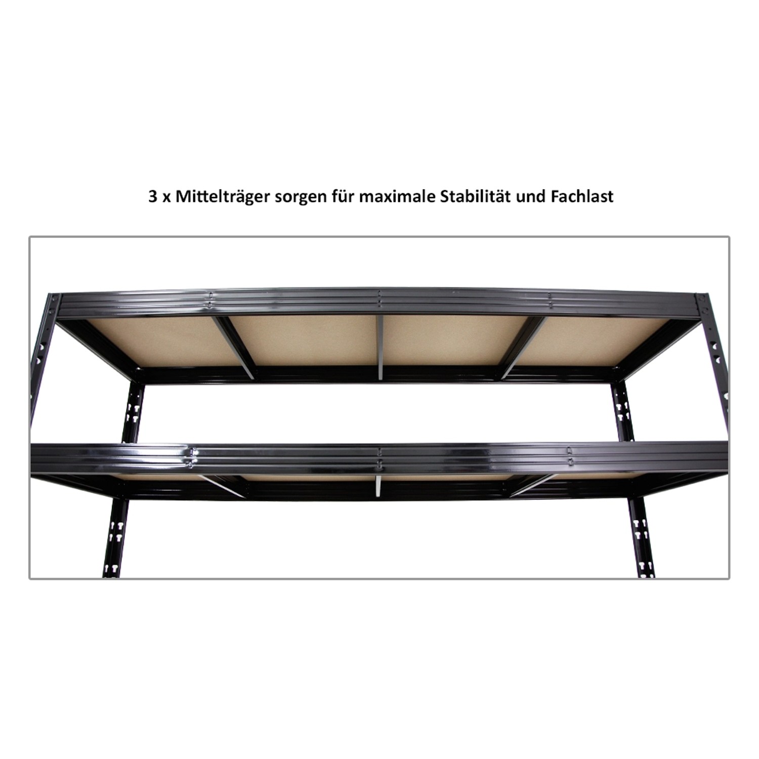 Detailansicht: Schwarzes PROREGAL Schwerlastregal Rhino mit Spanplatten-Ebenen und Mittelträgern.