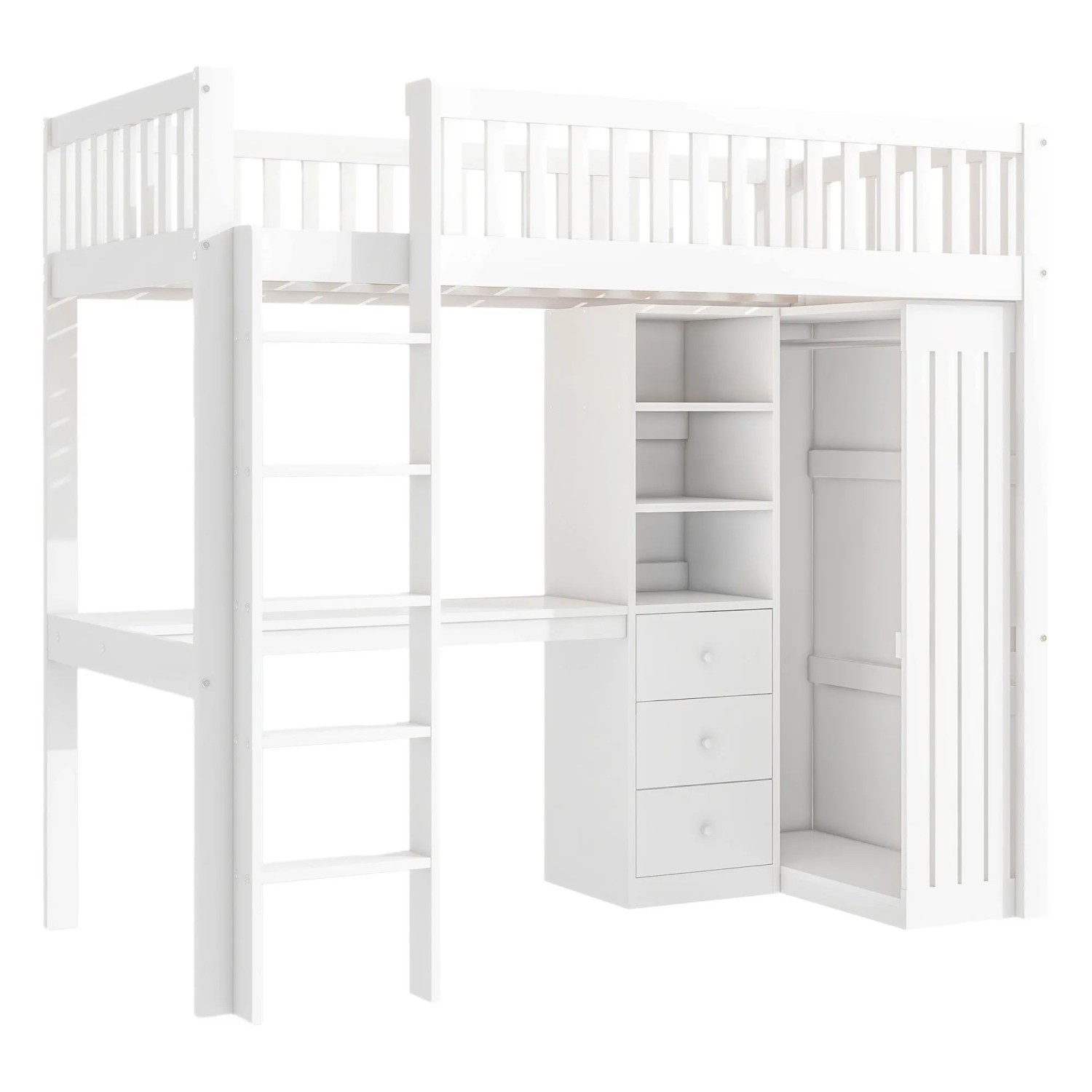 okwish Hochbett 90x200cm mit Schreibtisch Kleiderschrank Kinderzimmer Weiß ohne Matratze