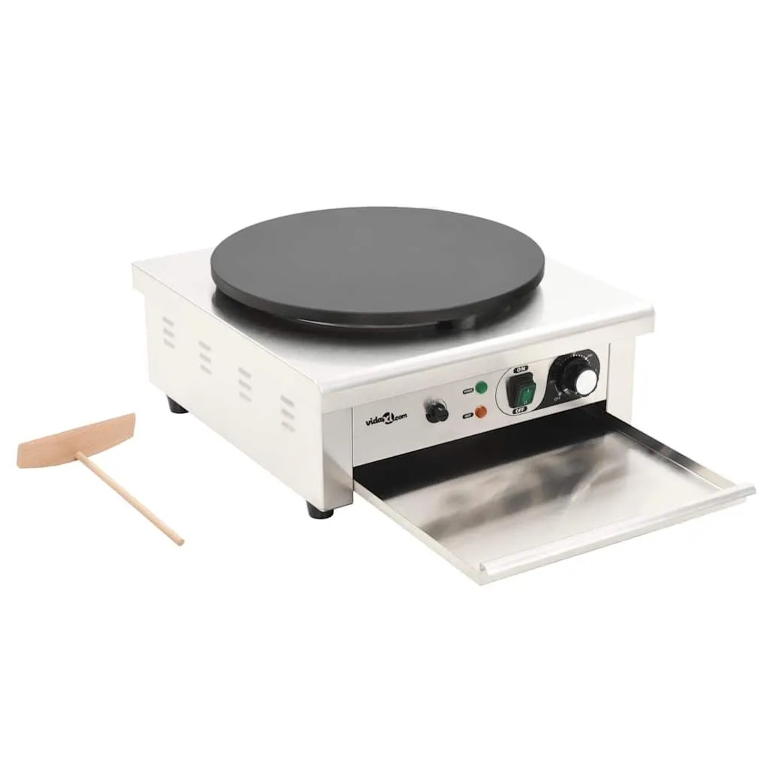 Elektrischer Crepe-Maker aus Edelstahl mit 40 cm Gusseisenplatte, Ausziehtablett und Teigverteiler für die Küche.